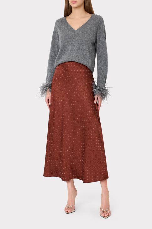 Brown Embellished Satin Midi Skirt - Styled with Feather-Cuff Sweater, On Model | MILLY