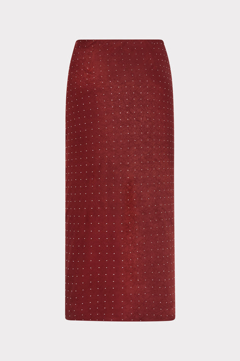 Burgundy Designer Embellished Satin Midi Skirt - Back Flat View | MILLY