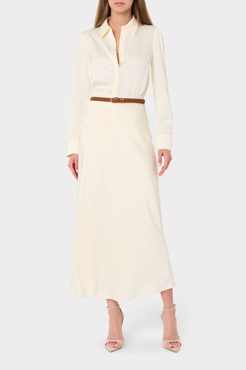Ivory Satin Embellished Midi Skirt - On Model Front View, Styled with Belt | MILLY
