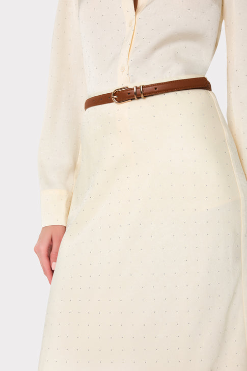 Ivory Elegant Satin Midi Skirt - Waist Close-Up, Embellishment and Belt Detail | MILLY