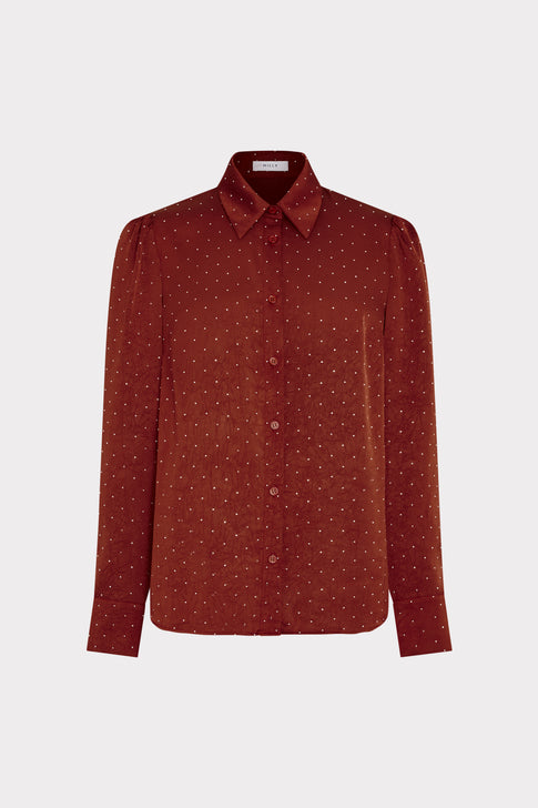 Brown Embellished Satin Blouse - Front View, Flat Lay | MILLY