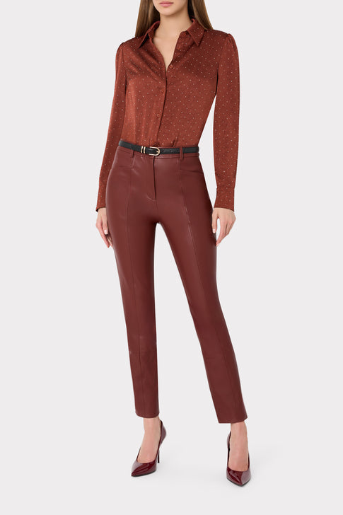 Brown Satin Embellished Blouse - Styled Look with Leather Trousers | MILLY