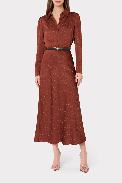 Brown Satin Embellished Top - Styled Look with Midi Skirt and Belt | MILLY