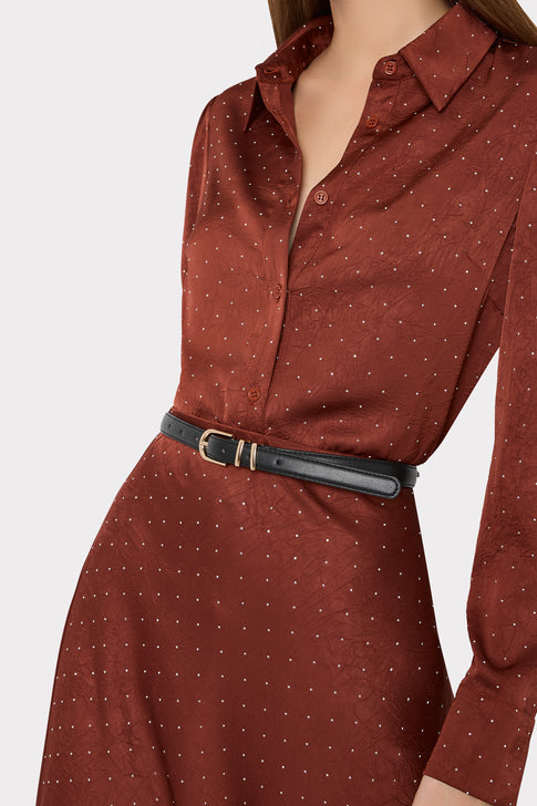Brown Luxury Satin Blouse - Embellishment and Collar Close-Up Detail | MILLY