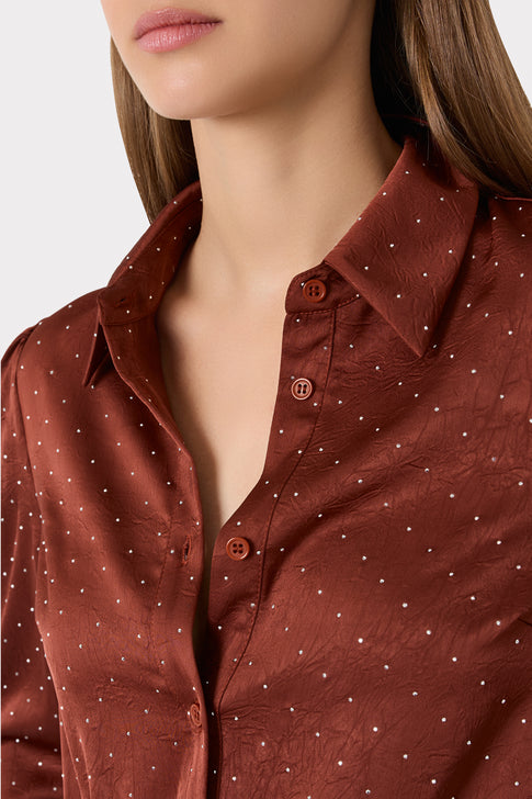 Brown Elegant Satin Embellished Top - Neckline and Button Detail On Model | MILLY