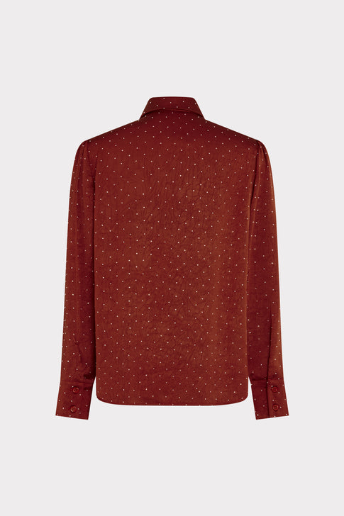 Brown Designer Satin Embellished Blouse - Back View, Flat Lay | MILLY