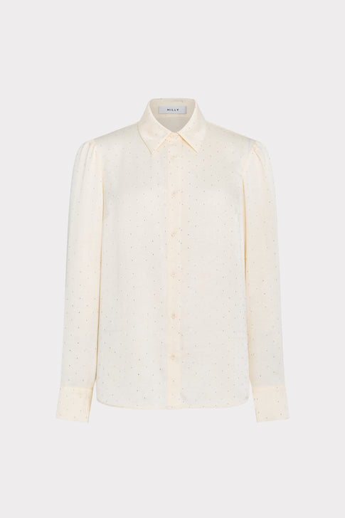 Ivory Satin Embellished Blouse - Front Flat View | MILLY