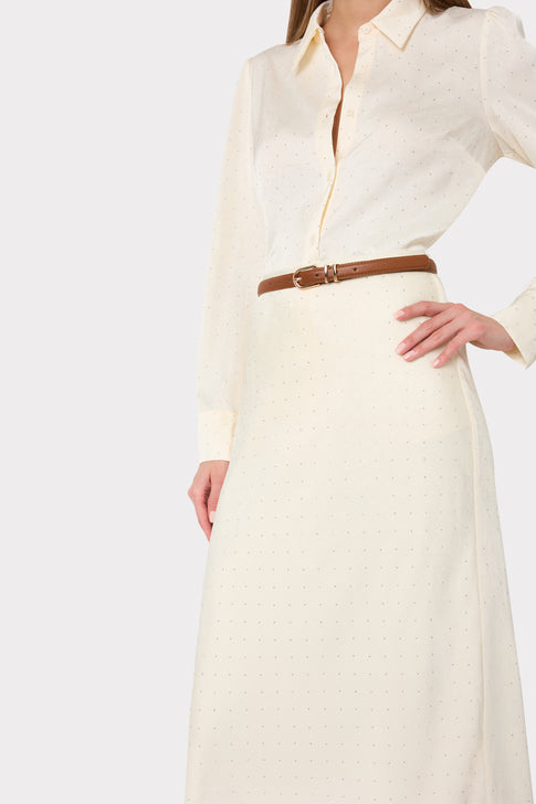 Ivory Luxury Satin Blouse with Embellishment Detail - Styled Close-Up | MILLY