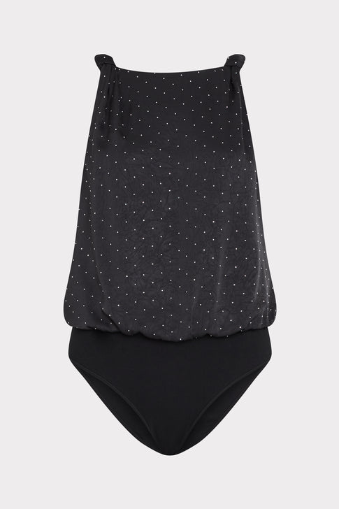 Black Embellished Satin Bodysuit - Flat Lay, Dot Detail | MILLY