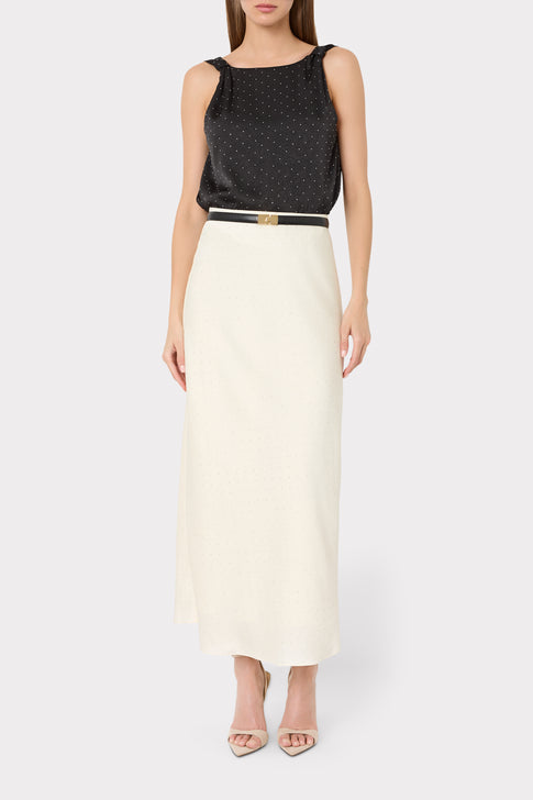 Black Embellished Satin Bodysuit - On Model Front View, Styled with Cream Maxi Skirt | MILLY