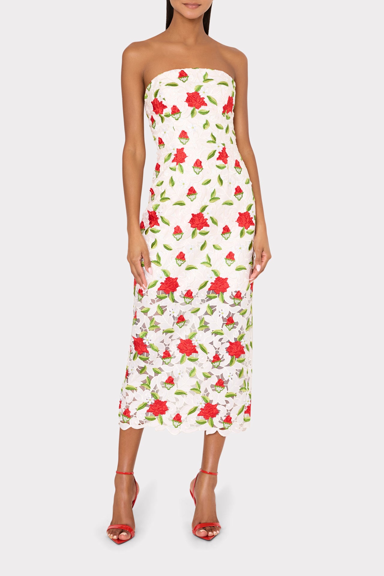 Kait Rose Embroidered Lace Dress in White/Red/Green | MILLY Kait Rose Embroidered Lace Dress in White/Red/Green | MILLY