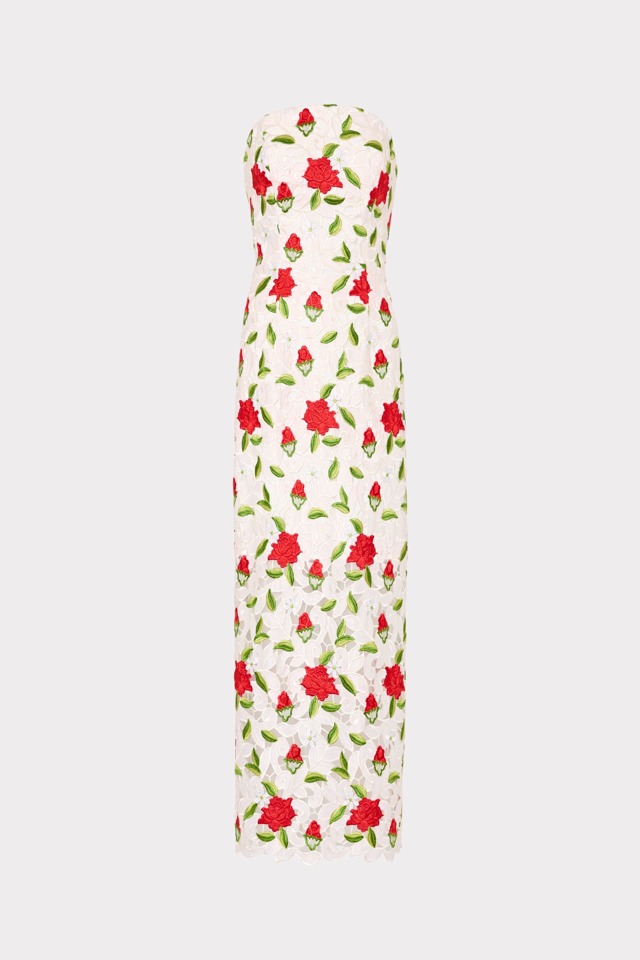 Kait Rose Embroidered Lace Dress in White/Red/Green