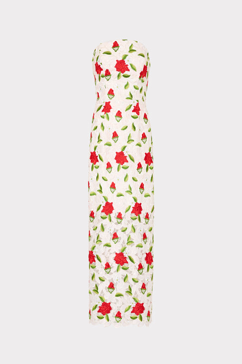 Kait Rose Embroidered Lace Dress in White/Red/Green