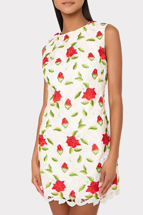 White Rose Embroidered Mini Dress with Scalloped Hem - Side Detail | MILLY