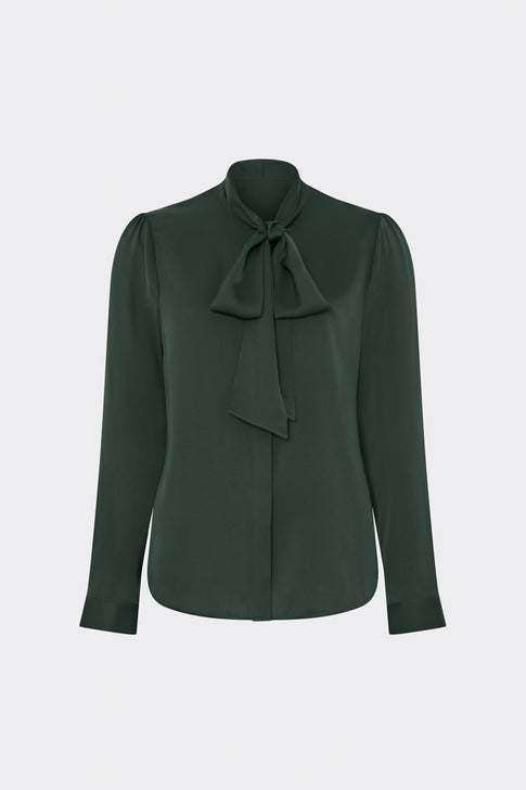 Tie Neck Silk Blouse Dark Green Image 1 of 4