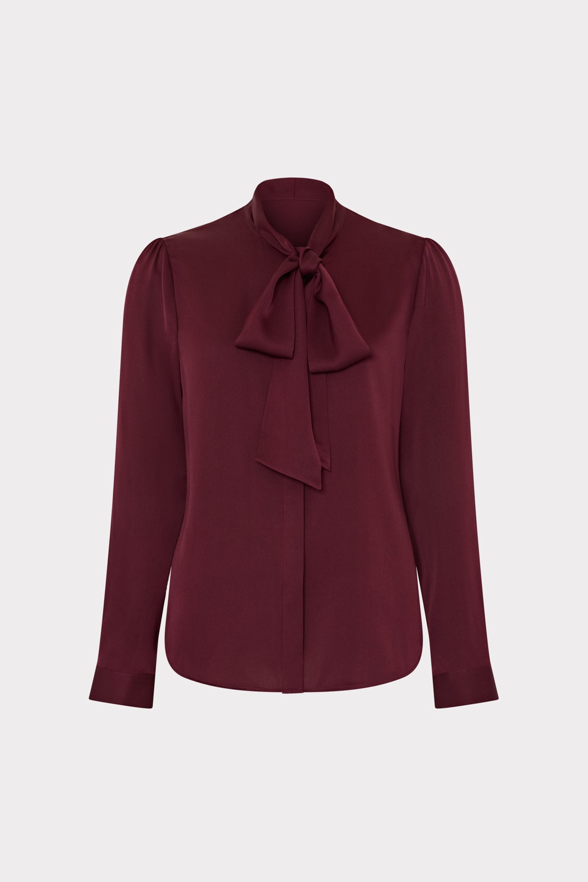 Burgundy blouse with a bow detail on a white background