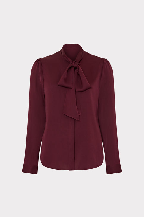 Tie Neck Silk Blouse Wine Image 1 of 5