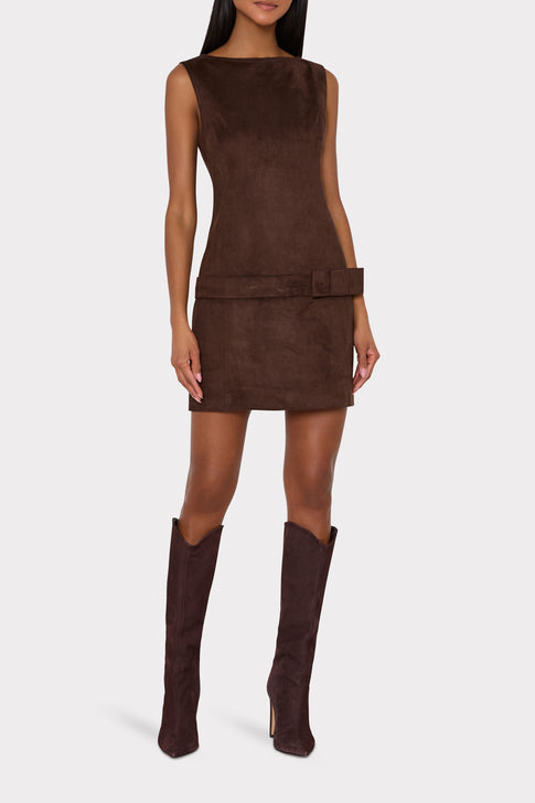 Dark Brown Faux Suede Mini Dress On Model with Cowboy Boots - Full Length Front View | MILLY