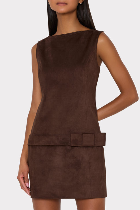 Dark Brown Faux Suede Mini Dress On Model - Three-Quarter Angle Close-Up, Elegant Bow Belt | MILLY