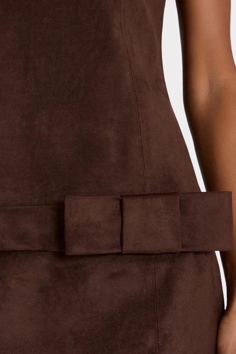 Dark Brown Faux Suede Mini Dress - Bow Belt Waist Detail Close-Up, Designer Faux Suede Texture | MILLY
