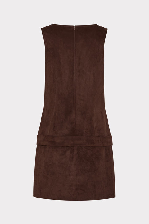Dark Brown Faux Suede Mini Dress - Back View with Center Zip and Drop-Waist Belt | MILLY