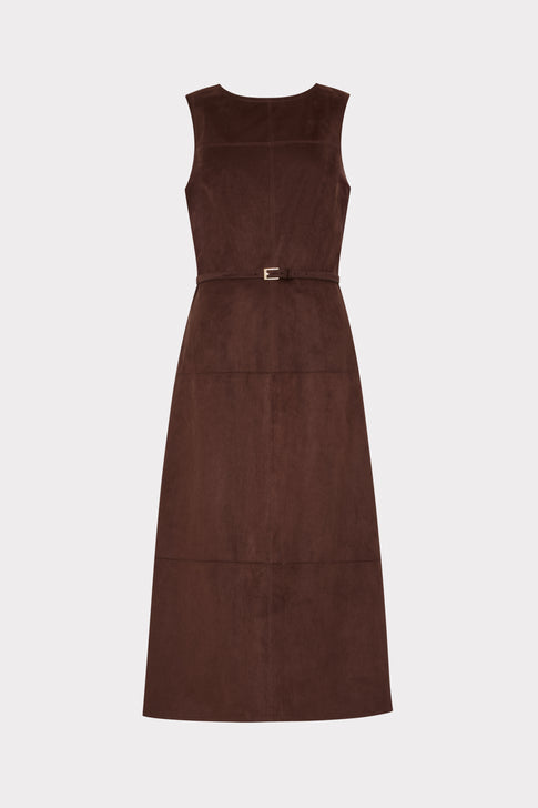 Brown Suede Belted Midi Dress - Front Flat View | MILLY