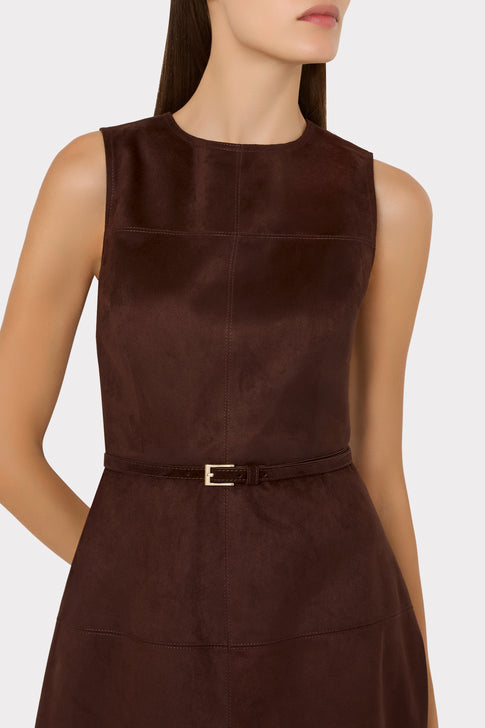 Brown Suede Midi Dress - Close-Up Belt Buckle & Bodice Detail | MILLY