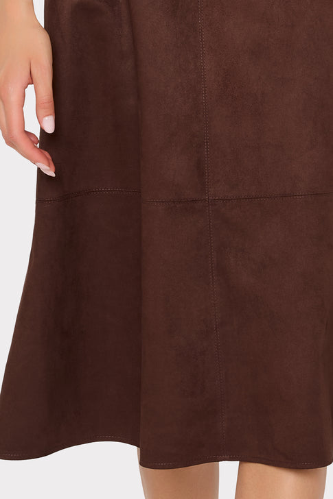 Brown Suede Midi Dress - Close-Up A-Line Skirt & Panel Seam Detail | MILLY