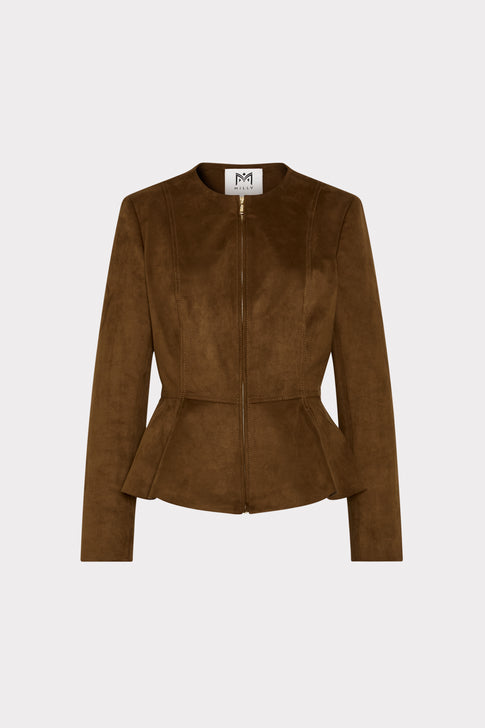 Camel Suede Peplum Jacket - Front Flat View | MILLY
