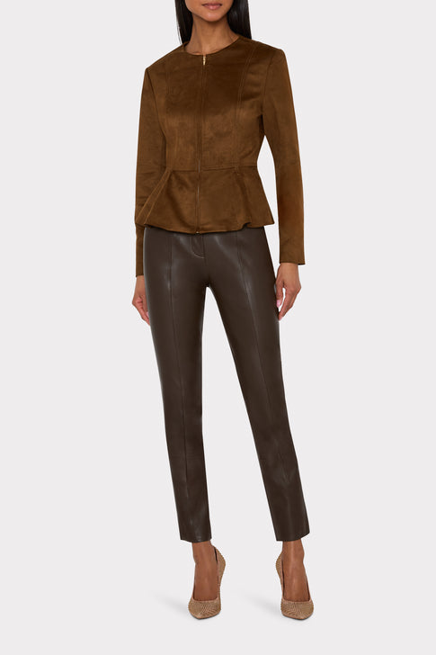Camel Luxury Suede Peplum Jacket On Model Full Length - Front View | MILLY