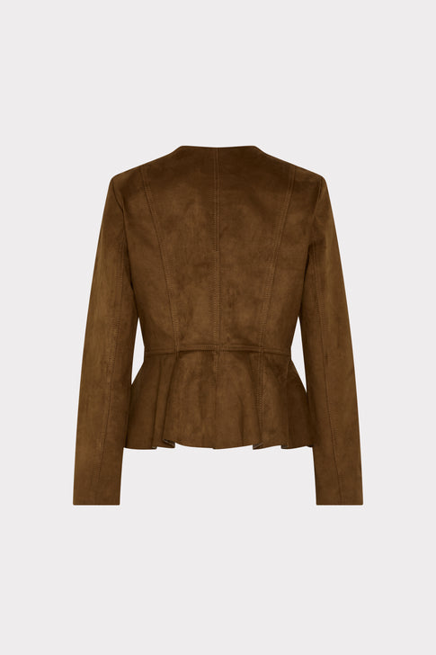 Camel Suede Peplum Jacket - Back View Flat | MILLY