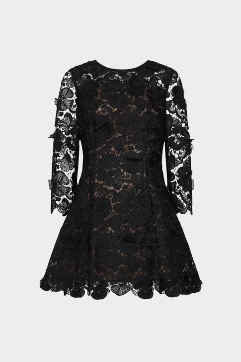 Black Floral Lace Mini Dress - Flat Front View | MILLY