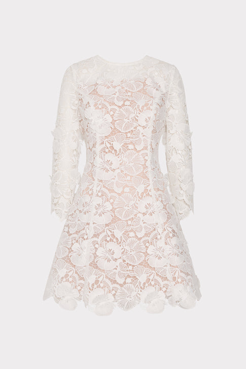 Off-White Floral Lace Mini Dress, Three-Quarter Sleeves - Flat View | MILLY