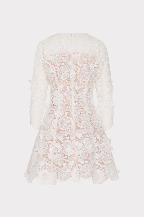 Emmie Off-White Elegant Lace Mini Dress with Flounced Hem - Back View | MILLY