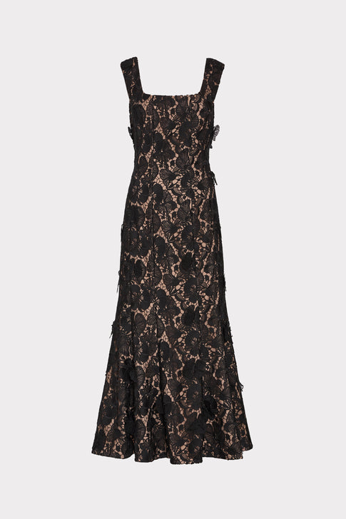 Black Lace Spencer Midi Dress with Floral Appliqué - Front View | MILLY