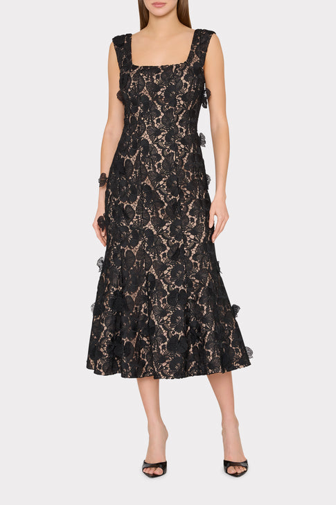 Elegant Black Lace Spencer Midi Dress - On Model Front View | MILLY