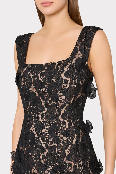 Designer Black Lace Spencer Midi Dress - Bodice Detail Close-up | MILLY