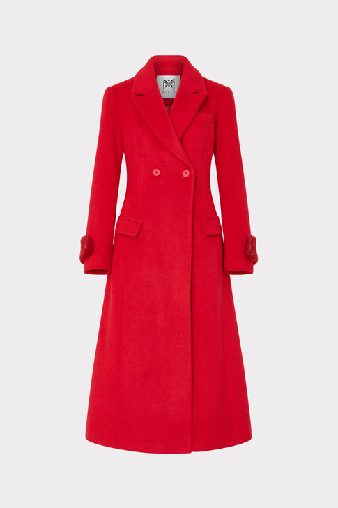 Red Wool Double-Breasted Maxi Coat with Faux Fur Cuffs - Front View | MILLY