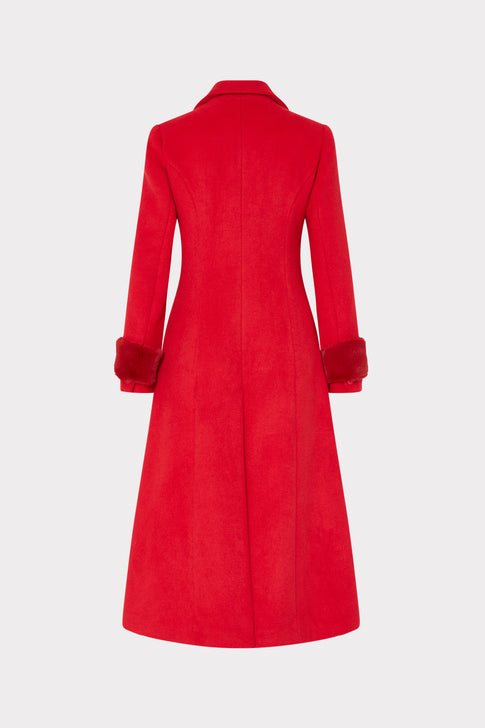 Elegant Red Wool A-Line Coat with Faux Fur Cuffs - Back View | MILLY