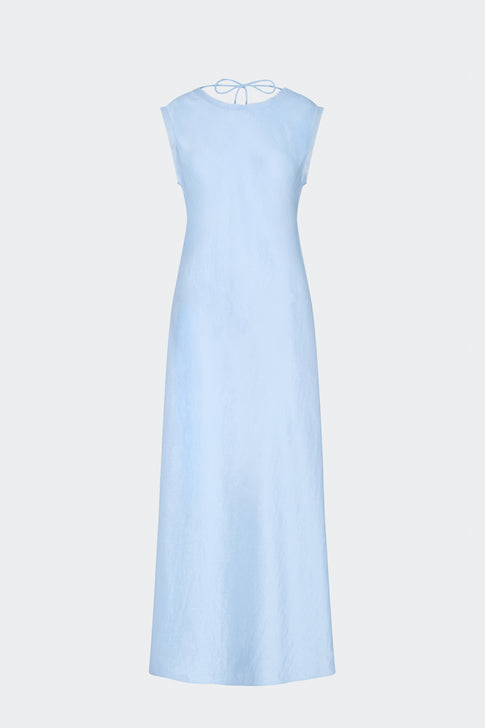 Light Blue Sleeveless Elegant Midi Dress - Back View, Open Scoop Back with Tie | MILLY