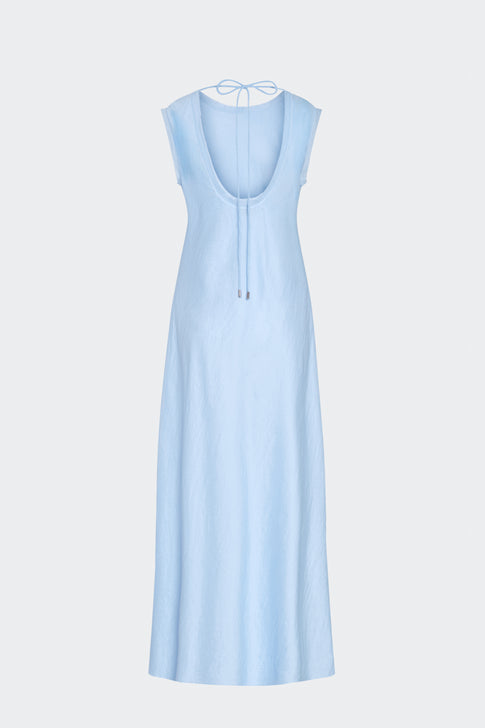 Light Blue Elegant Sleeveless Midi Dress - Back Flat View, Scoop Back Tie Detail | MILLY
