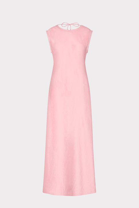 Pink Sleeveless Elegant Midi Dress with Open Back Tie Detail - Back View | MILLY