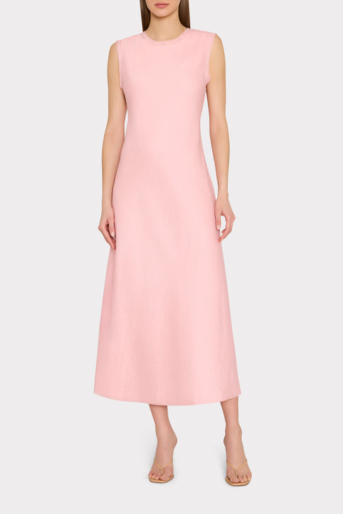 Pink Linda Elegant Midi Dress - On Model Front View, High Neckline | MILLY