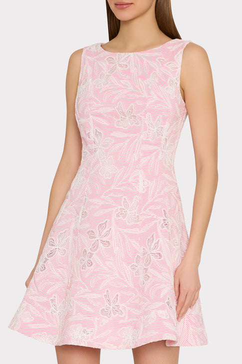 Pink White Striped Mini Dress - On Model Front Close-Up, Designer Lace Appliqué Detail | MILLY