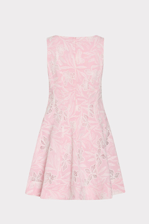 Pink White Poppy Embroidered Mini Dress - Back Flat View, Unique Floral Lace Stripe | MILLY