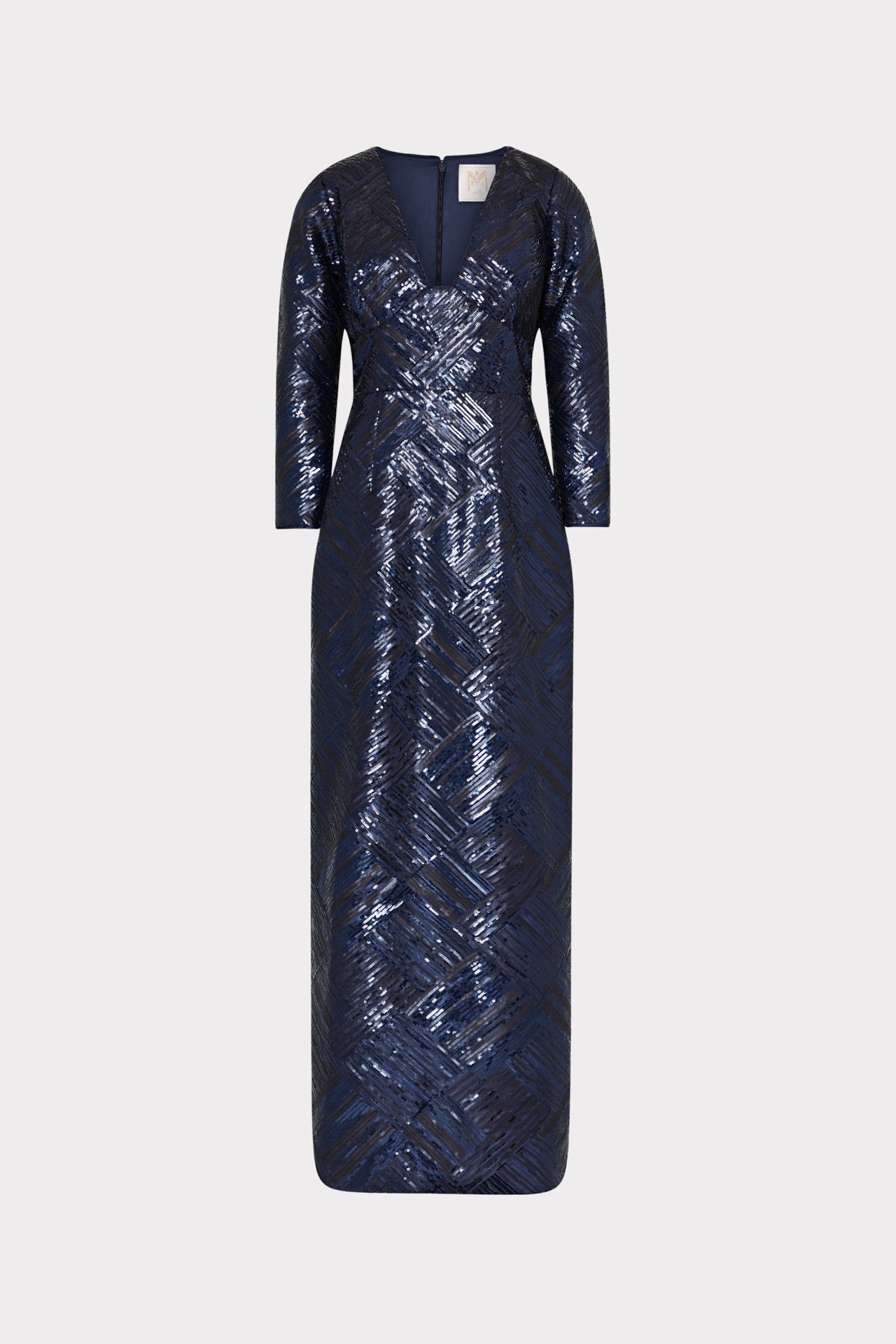 Jenna Long Sleeve Beaded V-Neck Gown in Navy/Black