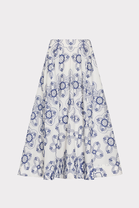 Navy White Embroidered Midi Skirt - Flat Lay Front View | MILLY