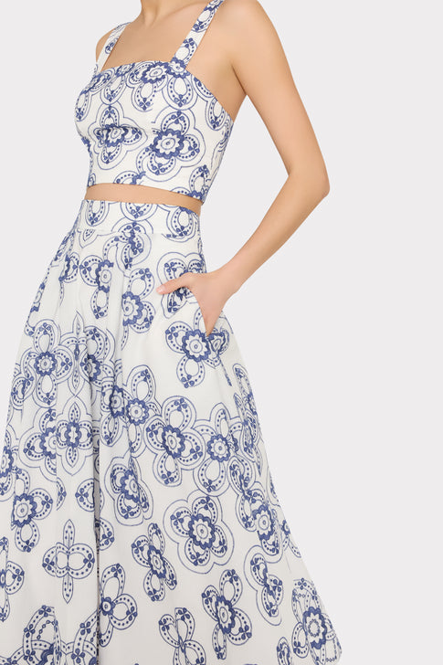 Navy White Designer Embroidered Midi Skirt - Side Detail with Pocket | MILLY