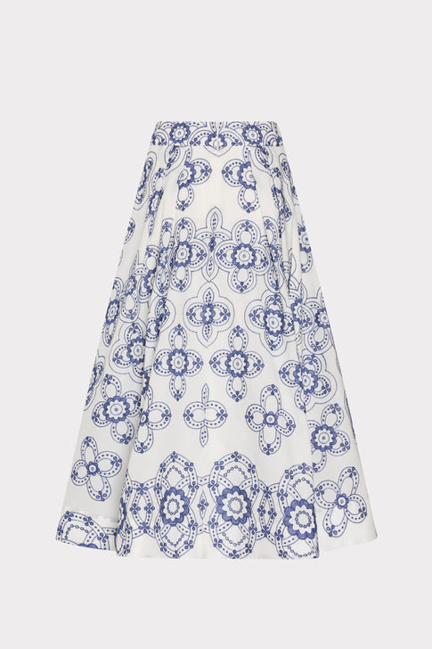 Navy White Juliet Embroidered Midi Skirt - Flat Lay, Hem Embroidery Detail | MILLY