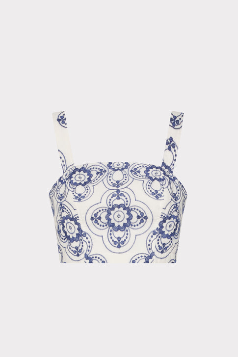 Navy/White Embroidered Crop Top - Front Flat Lay, Square Neckline | MILLY